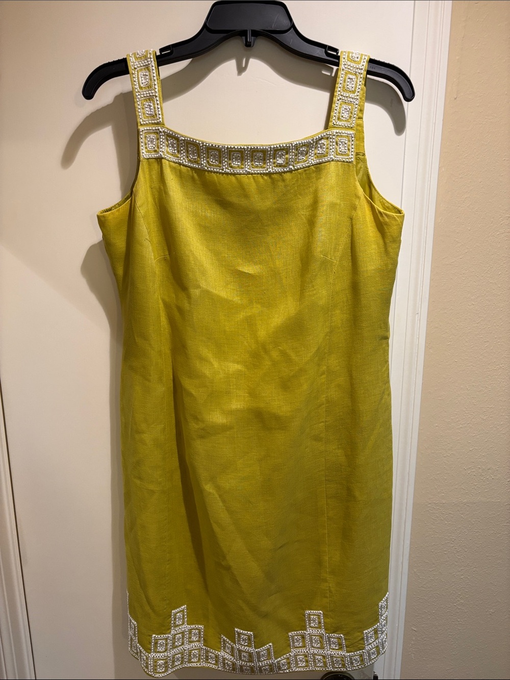 Jones New York Lime Yellow Beaded Square-Neck Midi Dress